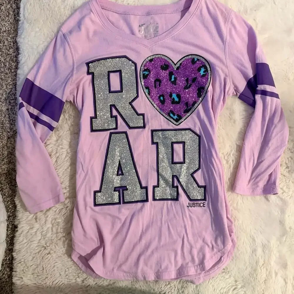 Justice Girls Purple Long Sleeve ROAR Sparkle Glitter Heart Tee Size 14